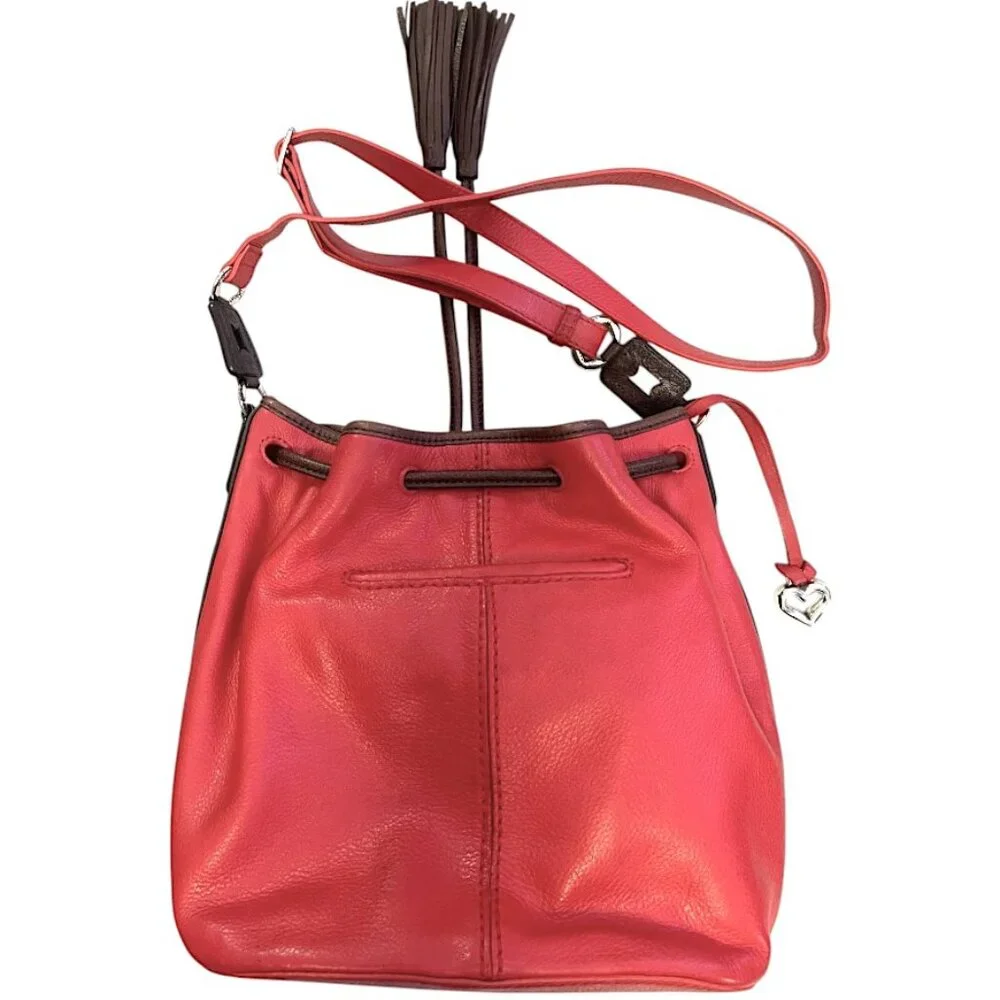 Brighton Orange Red Leather Drawstring Bucket Bag Purse with Fringe - Picture 6 of 13